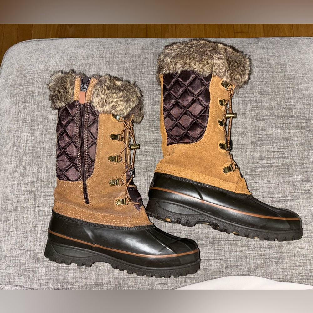 Lands' End Tan and Brown Faux Fur-Trimmed Winter Boots